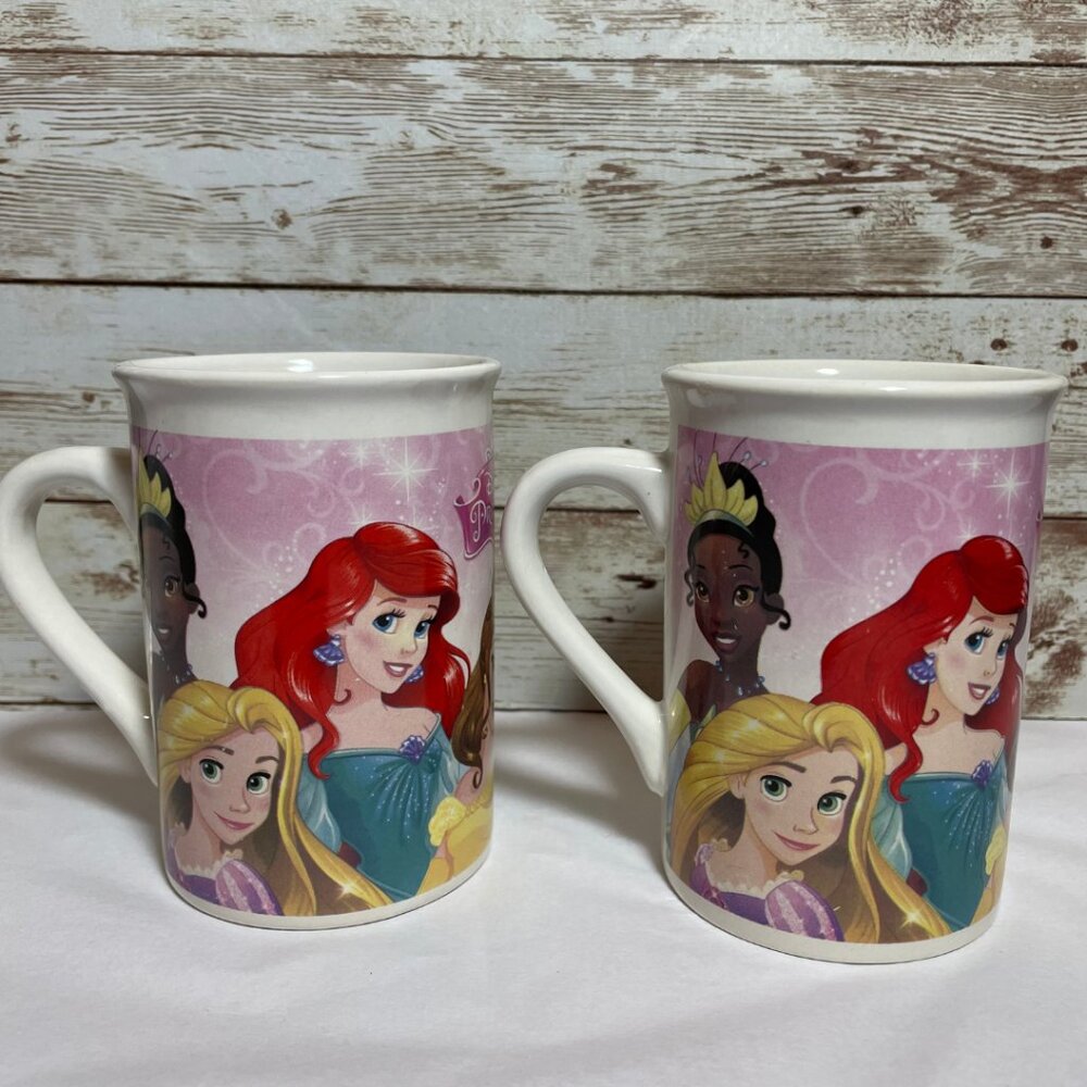Disney Princess Mug Pair – 7 Princesses, 8oz Ceramic Cups, Pink, 4.25" Tall